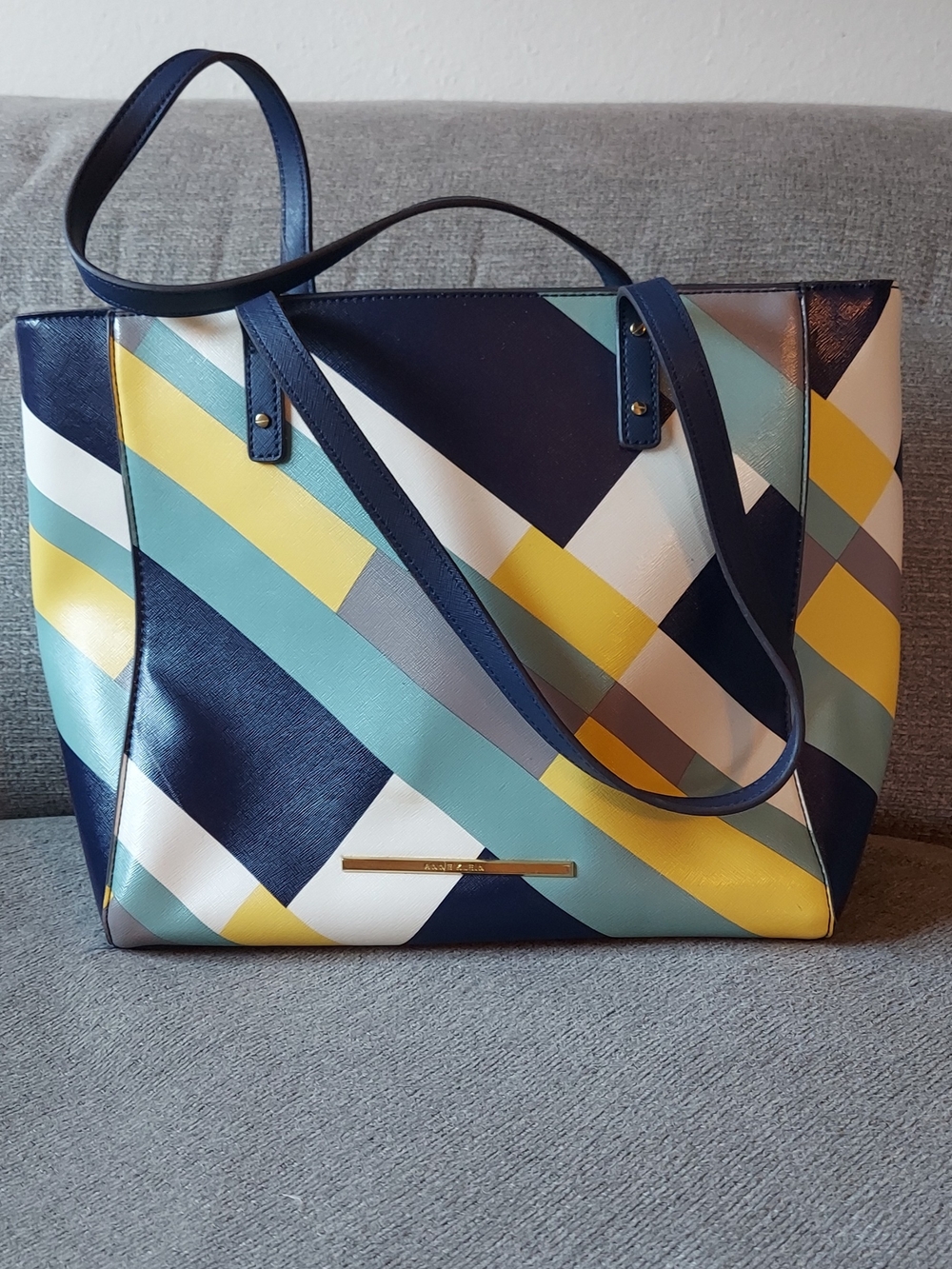 Anne Klein Navy, Yellow & Teal Geometric Tote